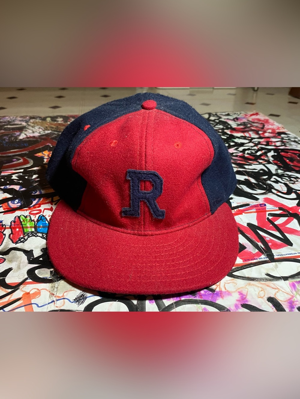 Ebbets Field Flannels Wool Baseball Cap Hat Fitted Block R Two Tone Red Navy USA